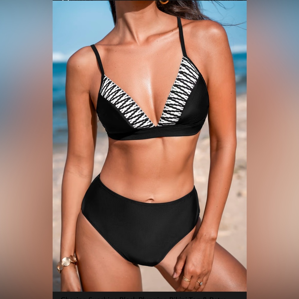 NWT Cupshe Chasing Sunshine Black Plunging Bikini Top & Retro Bottoms Set
